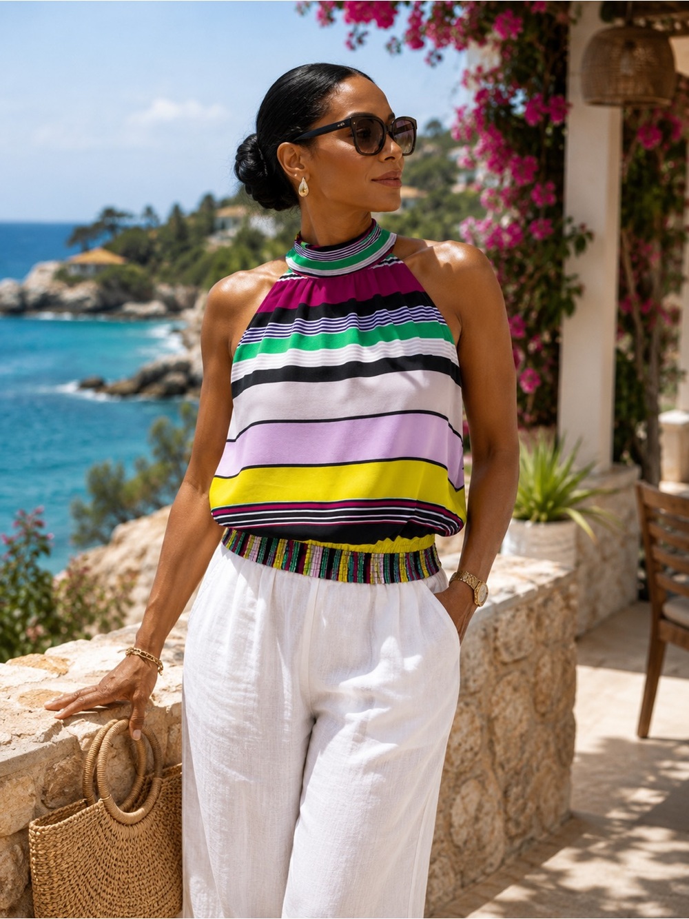NY & Co 7th Avenue Multicolor Striped Halter Blouse Size L